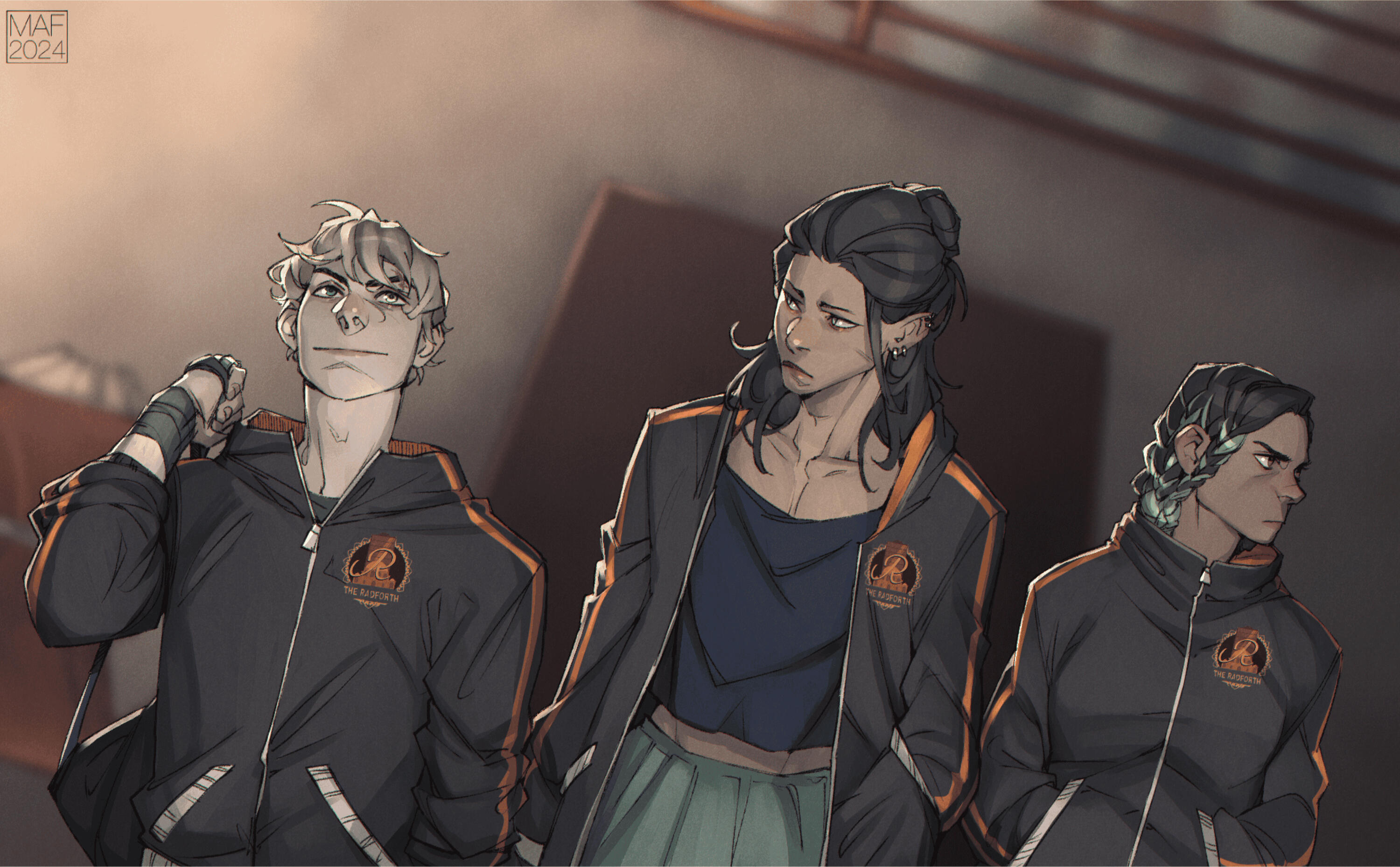 The protagonists. Day, a white man in a black windbreaker, looking smug. Silas, an Asian man with pierced ears wearing a cropped top and high-waisted pants, looking anxious. Kayleigh, a Latinx person with black and green braided hair, looking angry.