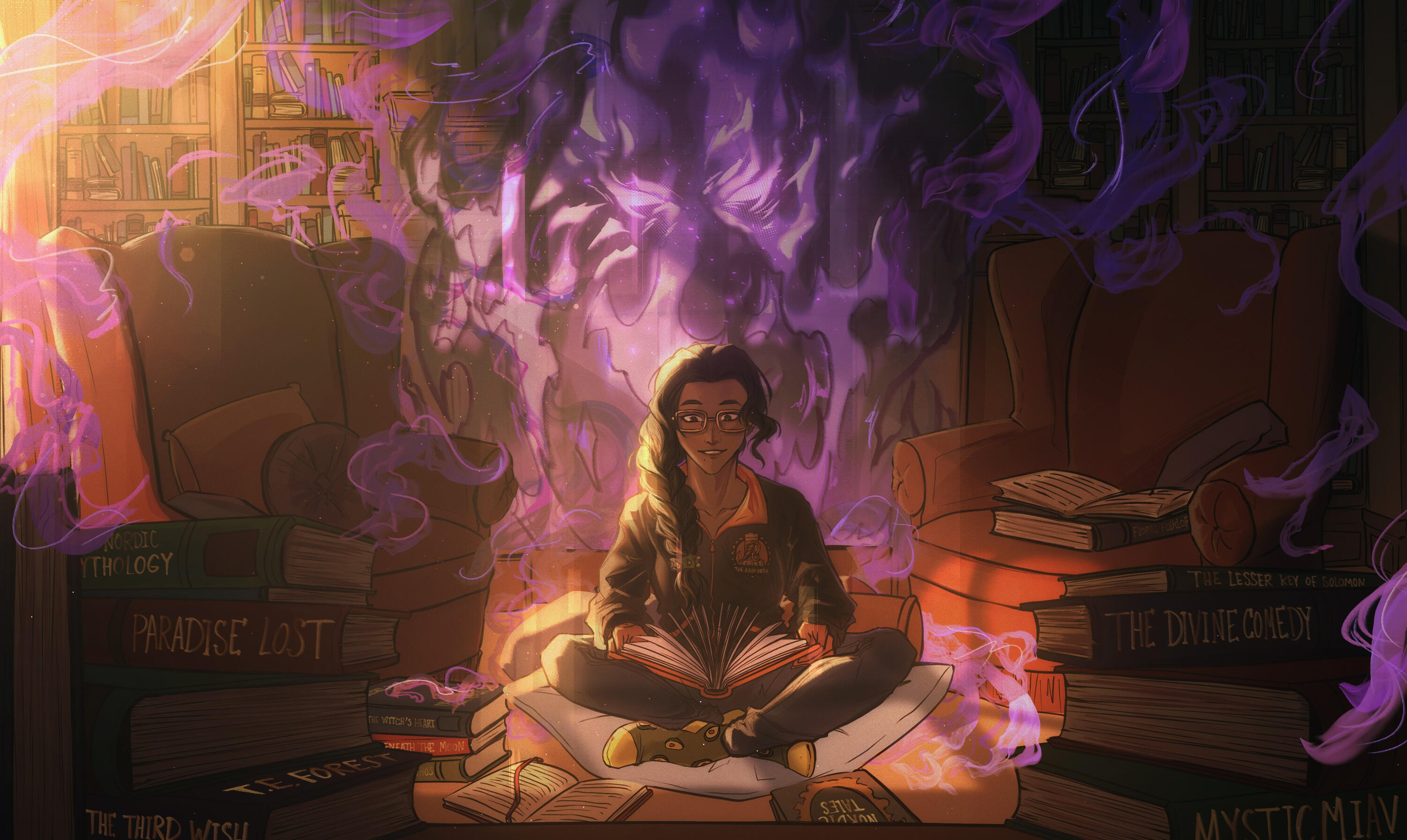 Girl sits on a pillow in a library. She's wearing glasses, a black and orange jacket with The Radforth logo on her chest, avocado socks, and her dark hair in a braid. She has a book open in her lap, from which comes purple smoke with eyes.
