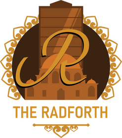 A logo for the Radforth Hotel, featuring a temple-like structure in front of a skyscraper.