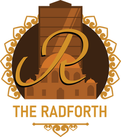 The Radforth Hotel Logo A logo for the Radforth Hotel, featuring a temple-like structure in front of a skyscraper.